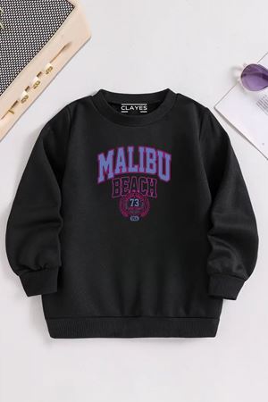 Çocuk Siyah Bisiklet Yaka MALIBU BEACH Baskılı, Kışlık Kalın Şardonlu Kumaş