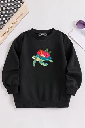 Çocuk Siyah Bisiklet Yaka KAPLUMBAĞA ÇİÇEK Baskılı, Kışlık Kalın Şardonlu Kumaş