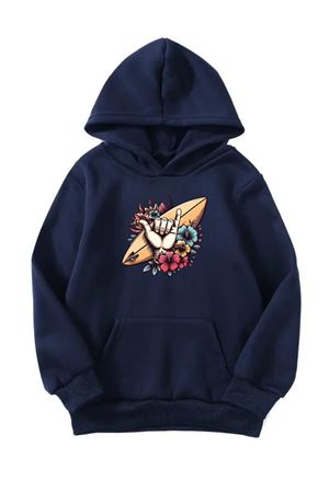 Unisex Oversize Şardonlu Kışlık Surf Tahtası Baskılı Kapüşonlu Sweatshirt - Lacivert