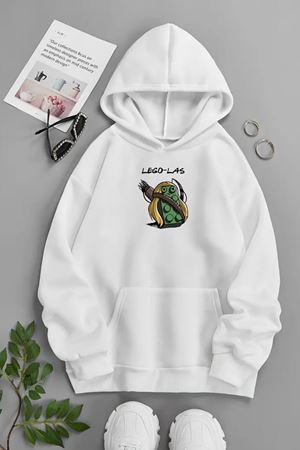 Unisex Beyaz Kapüşonlu Sweatshirt – Lego Las ,Baskılı Şardonlu Kalın Kumaş