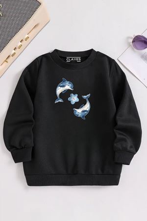 Çocuk Siyah Bisiklet Yaka 2 Lİ YUNUS Baskılı, Kışlık Kalın Şardonlu Kumaş