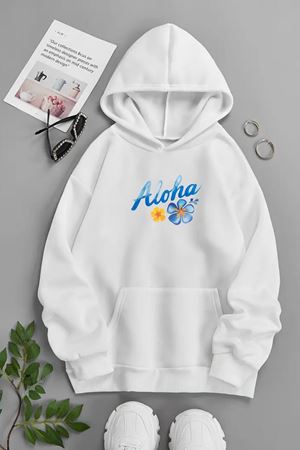 Unisex Beyaz Kapüşonlu Sweatshirt – ALOHA ÇİÇEK ,Baskılı Şardonlu Kalın Kumaş