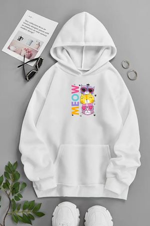 Unisex Beyaz Kapüşonlu Sweatshirt – Meow ,Baskılı Şardonlu Kalın Kumaş