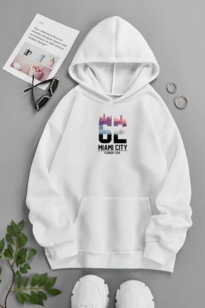 Unisex Beyaz Kapüşonlu Sweatshirt – Miami City 62 ,Baskılı Şardonlu Kalın Kumaş