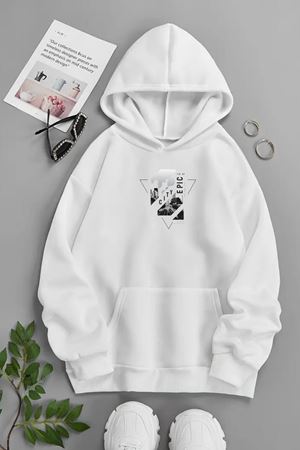 Unisex Beyaz Kapüşonlu Sweatshirt – Epic City ,Baskılı Şardonlu Kalın Kumaş