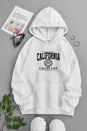 Unisex Beyaz Kapüşonlu Sweatshirt – California Rising Star ,Baskılı Şardonlu Kalın Kumaş
