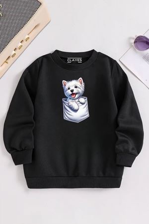 Çocuk Siyah Bisiklet Yaka CEP DETAY KÖPEK Baskılı, Kışlık Kalın Şardonlu Kumaş