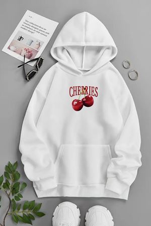 Unisex Beyaz Kapüşonlu Sweatshirt – Cherries ,Baskılı Şardonlu Kalın Kumaş
