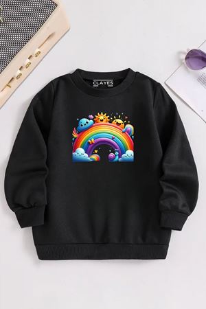 Çocuk Siyah Bisiklet Yaka GÖKKUŞAĞI Baskılı, Kışlık Kalın Şardonlu Kumaş