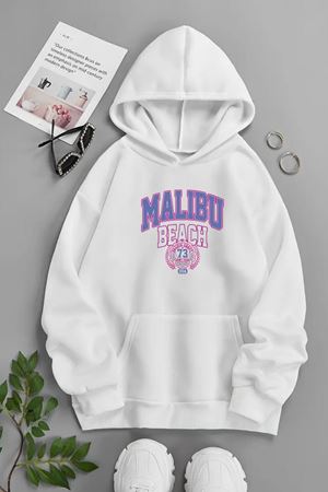 Unisex Beyaz Kapüşonlu Sweatshirt – Malibu Beach 73 ,Baskılı Şardonlu Kalın Kumaş