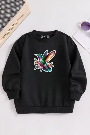 Çocuk Siyah Bisiklet Yaka RENKLİ KUŞ Baskılı, Kışlık Kalın Şardonlu Kumaş