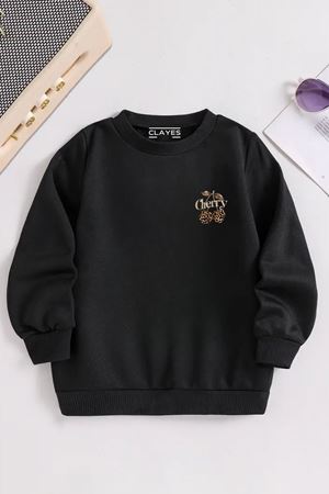 Çocuk Siyah Bisiklet Yaka LEOPAR CHERRY MİNİMAL Baskılı, Kışlık Kalın Şardonlu Kumaş