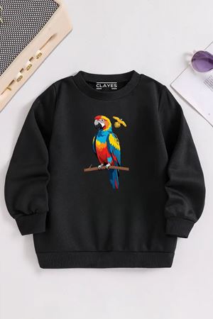 Çocuk Siyah Bisiklet Yaka RENKLİ PAPAĞAN Baskılı, Kışlık Kalın Şardonlu Kumaş