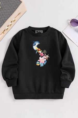 Çocuk Siyah Bisiklet Yaka YUNUS ÇİÇEK Baskılı, Kışlık Kalın Şardonlu Kumaş
