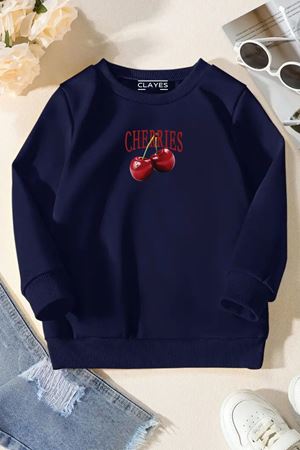 Unisex Lacivert Cocuk Bisiklet Yaka Sweatshirt –Cherrıes,Baskılı Şardonlu Kalın Kumaş