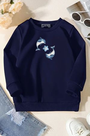 Unisex Lacivert Cocuk Bisiklet Yaka Sweatshirt –2 Li Yunus,Baskılı Şardonlu Kalın Kumaş