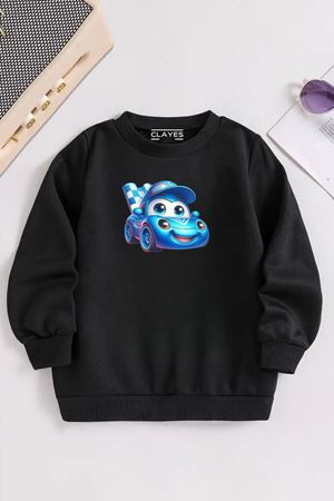 Çocuk Siyah Bisiklet Yaka SEVİMLİ ARABA Baskılı, Kışlık Kalın Şardonlu Kumaş