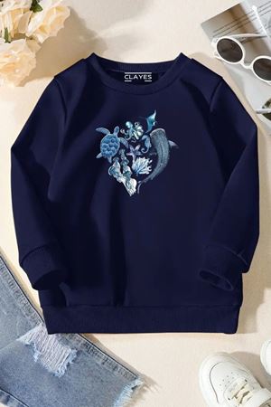 Unisex Lacivert Cocuk Bisiklet Yaka Sweatshirt –Deniz Hayvanları,Baskılı Şardonlu Kalın Kumaş