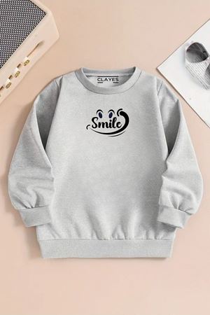 Çocuk Gri Bisiklet Yaka Sweatshirt – SMİLE Baskılı, Şardonlu Kalın Kumaş