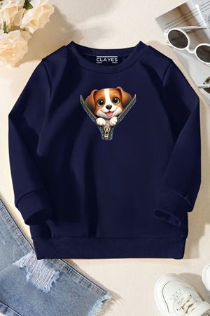 Unisex Lacivert Cocuk Bisiklet Yaka Sweatshirt –Zip Dog,Baskılı Şardonlu Kalın Kumaş