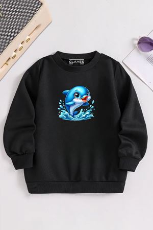 Çocuk Siyah Bisiklet Yaka MAVİ YUNUS Baskılı, Kışlık Kalın Şardonlu Kumaş