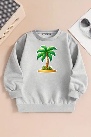 Çocuk Gri Bisiklet Yaka Sweatshirt – PALMİYE Baskılı, Şardonlu Kalın Kumaş