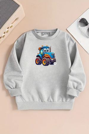 Çocuk Gri Bisiklet Yaka Sweatshirt – TRAKTÖR Baskılı, Şardonlu Kalın Kumaş