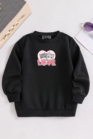 Çocuk Siyah Bisiklet Yaka 2Lİ LOVE KEDİ Baskılı, Kışlık Kalın Şardonlu Kumaş