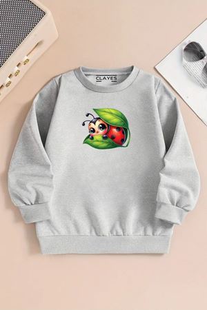 Çocuk Gri Bisiklet Yaka Sweatshirt – ATEŞ BÖCEĞİ Baskılı, Şardonlu Kalın Kumaş