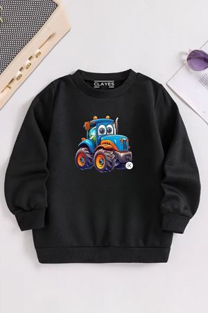 Çocuk Siyah Bisiklet Yaka SEVİMLİ TRAKTÖR Baskılı, Kışlık Kalın Şardonlu Kumaş