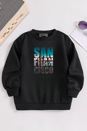 Çocuk Siyah Bisiklet Yaka SAN FRANCISCO Baskılı, Kışlık Kalın Şardonlu Kumaş