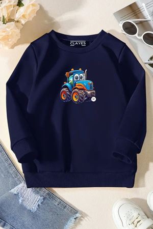 Unisex Lacivert Cocuk Bisiklet Yaka Sweatshirt –Traktör,Baskılı Şardonlu Kalın Kumaş