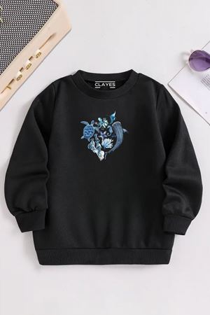 Çocuk Siyah Bisiklet Yaka OKYANUS CANLILARI Baskılı, Kışlık Kalın Şardonlu Kumaş