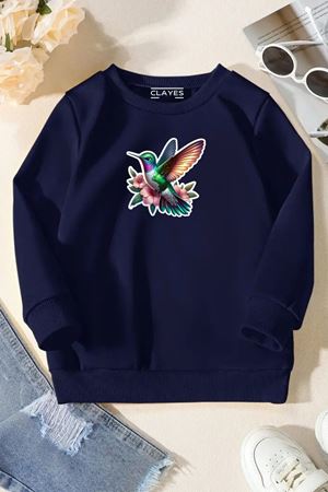 Unisex Lacivert Cocuk Bisiklet Yaka Sweatshirt –Serçe,Baskılı Şardonlu Kalın Kumaş