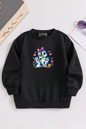 Çocuk Siyah Bisiklet Yaka 3 LÜ PENGUEN Baskılı, Kışlık Kalın Şardonlu Kumaş