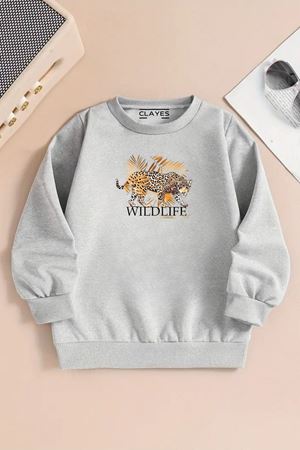 Çocuk Gri Bisiklet Yaka Sweatshirt – WİLD LİFE LEOPAR Baskılı, Şardonlu Kalın Kumaş