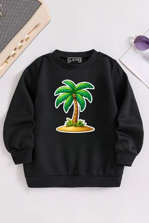 Çocuk Siyah Bisiklet Yaka PALMİYE Baskılı, Kışlık Kalın Şardonlu Kumaş