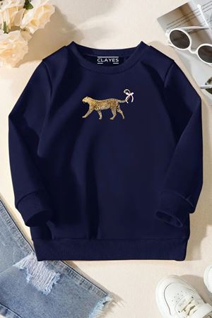 Unisex Lacivert Cocuk Bisiklet Yaka Sweatshirt –Leopar,Baskılı Şardonlu Kalın Kumaş