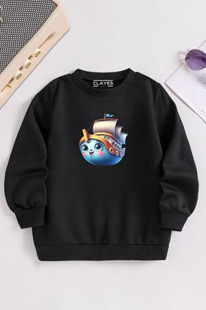 Çocuk Siyah Bisiklet Yaka GEMİ Baskılı, Kışlık Kalın Şardonlu Kumaş