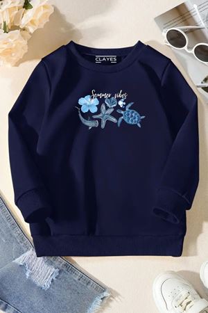 Unisex Lacivert Cocuk Bisiklet Yaka Sweatshirt –Summer Vibes,Baskılı Şardonlu Kalın Kumaş