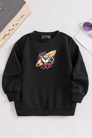 Çocuk Siyah Bisiklet Yaka SURF Baskılı, Kışlık Kalın Şardonlu Kumaş