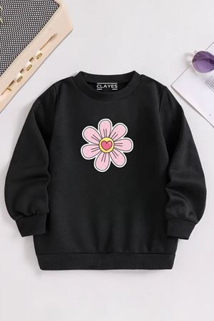 Çocuk Siyah Bisiklet Yaka PAPATYA Baskılı, Kışlık Kalın Şardonlu Kumaş