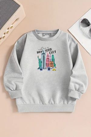 Çocuk Gri Bisiklet Yaka Sweatshirt – NEW YORK CİTY Baskılı, Şardonlu Kalın Kumaş