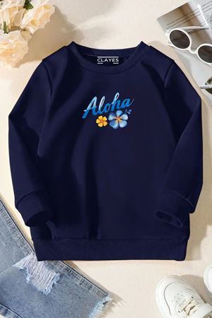Unisex Lacivert Cocuk Bisiklet Yaka Sweatshirt –Aloha Çiçek,Baskılı Şardonlu Kalın Kumaş
