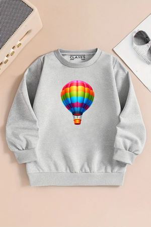 Çocuk Gri Bisiklet Yaka Sweatshirt – BALON Baskılı, Şardonlu Kalın Kumaş