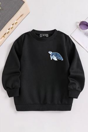 Çocuk Siyah Bisiklet Yaka KAPLUMBAĞA MİNİMAL Baskılı, Kışlık Kalın Şardonlu Kumaş