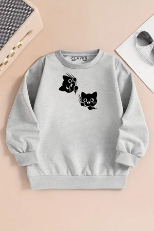 Çocuk Gri Bisiklet Yaka Sweatshirt – 2Lİ KEDİ Baskılı, Şardonlu Kalın Kumaş