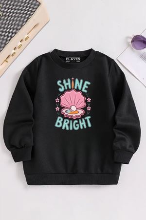 Çocuk Siyah Bisiklet Yaka SHINE BRIGHT Baskılı, Kışlık Kalın Şardonlu Kumaş