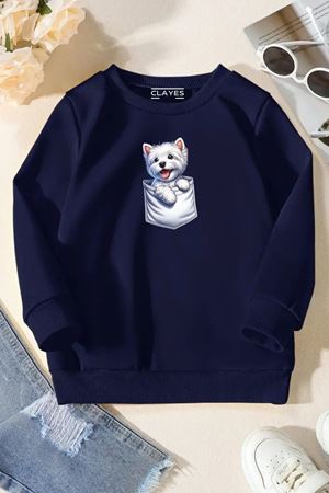 Unisex Lacivert Cocuk Bisiklet Yaka Sweatshirt –Cep Köpek,Baskılı Şardonlu Kalın Kumaş