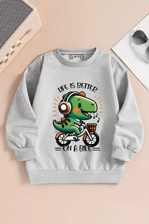 Çocuk Gri Bisiklet Yaka Sweatshirt – BİSİKLET DİNAZOR Baskılı, Şardonlu Kalın Kumaş